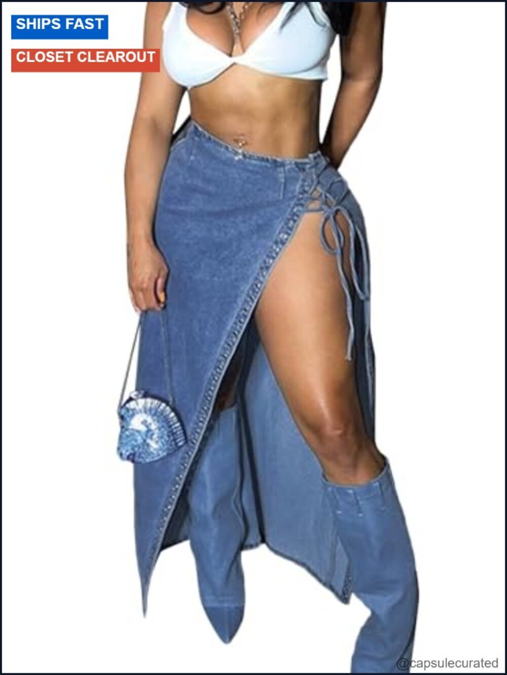 Women's High Slit Long Denim Skirt with Tie Knot Stretchy Maxi Pencil Skirt Y2K